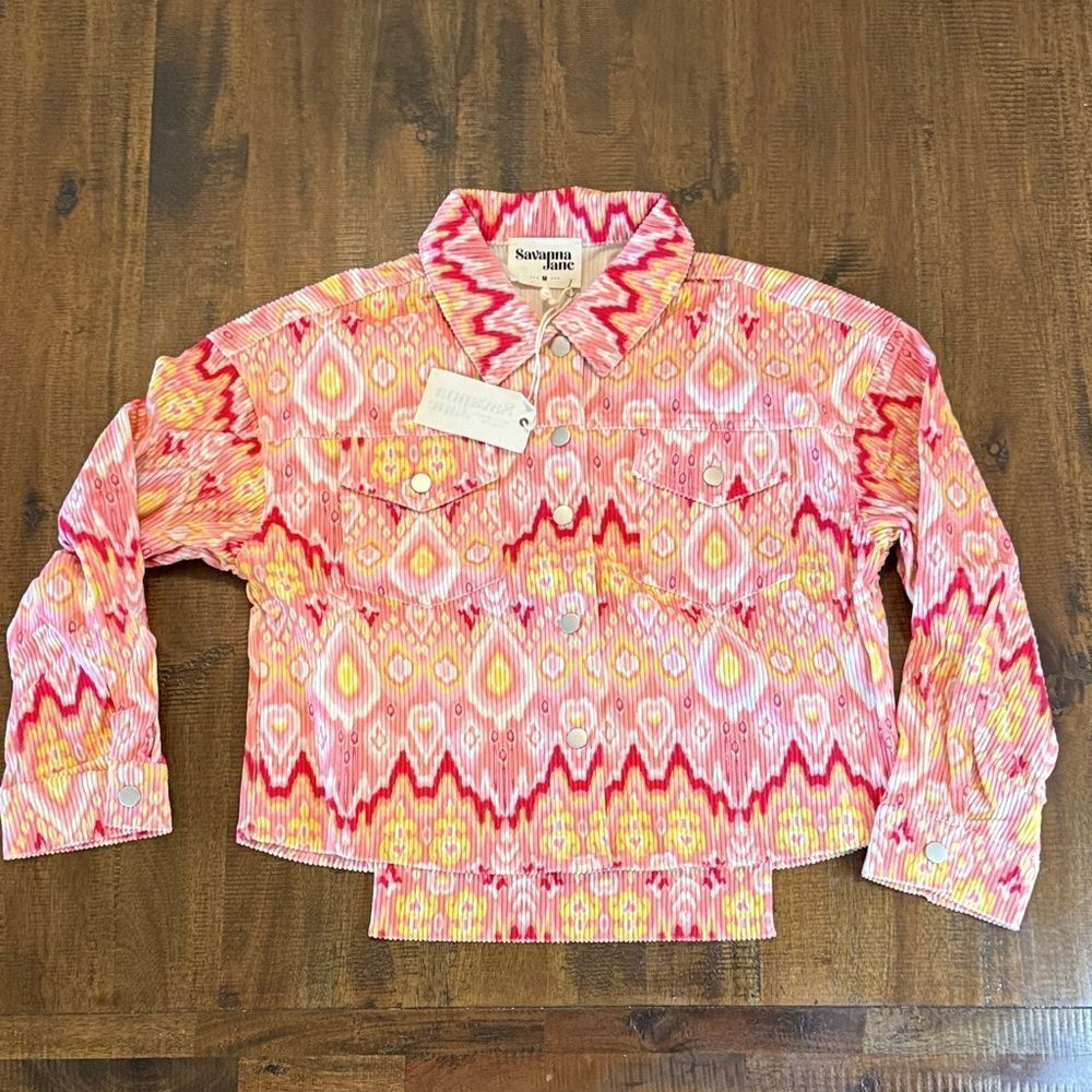 Savanna Jane Shacket Pink and Yellow Patterned Button Down Corduroy